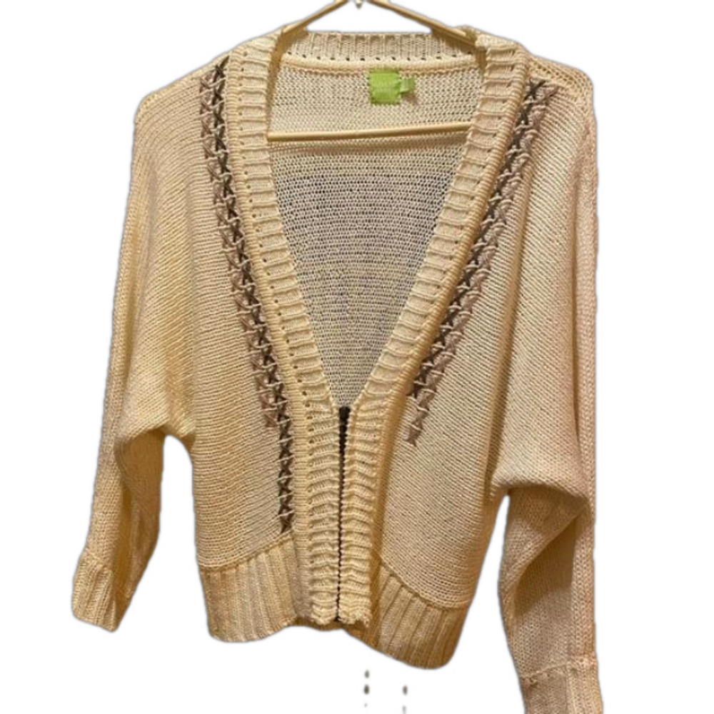 Adam Jacobs Cropped Zip-Front Knit Cardigan Sweater XS/S Cream Boho